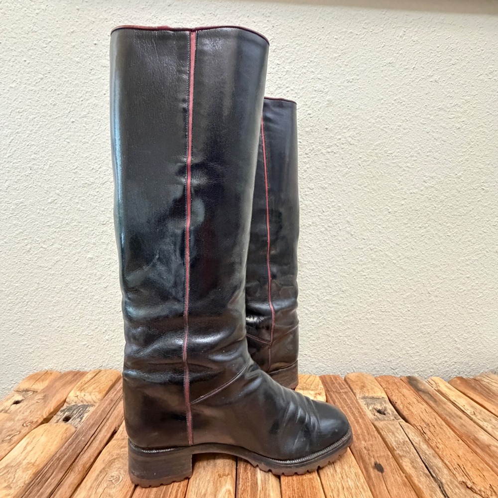 Vintage 90's Black Leather Riding Boots Red Trim Side Zip Women's 7